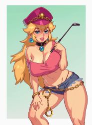 Rule 34 | 1girl, absurdres, adapted costume, bad id, bad twitter id, blonde hair, blue eyes, bracelet, breasts, brooch, chain belt, cleavage, collar, cosplay, crop top, cuffs, denim, denim shorts, earrings, eyelashes, eyeshadow, final fight, gold bracelet, handcuffs, hat, highres, jewelry, large breasts, lipstick, long hair, looking at viewer, makeup, mario (series), micro shorts, nintendo, off shoulder, open fly, pearl earrings, pink hat, pink lips, poison (final fight), poison (final fight) (cosplay), princess peach, riding crop, riz, shorts, solo, sphere earrings, thick thighs, thighs, thong, toned, very long hair
