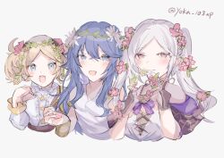 3girls :d artist_name blonde_hair blue_eyes blue_hair commentary_request fire_emblem fire_emblem_awakening fire_emblem_heroes flower_wreath hair_between_eyes head_wreath holding holding_wreath lissa_(fire_emblem) lissa_(valentine)_(fire_emblem) lucina_(fire_emblem) lucina_(valentine)_(fire_emblem) multiple_girls nintendo official_alternate_costume open_mouth robin_(female)_(fire_emblem) robin_(female)_(valentine)_(fire_emblem) robin_(fire_emblem) simple_background smile twintails twitter_username white_background white_hair yoka_(103xp)