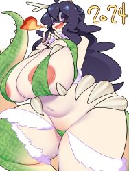 Rule 34 | 2024, areola slip, bellupup, bikini, breasts, chinese zodiac, creatures (company), dragon girl, dragon horns, dragon tail, game freak, green bikini, hex maniac (pokemon), highres, horns, huge breasts, jewelry, looking at viewer, matching hair/eyes, micro bikini, navel, nintendo, open mouth, own hands together, plump, pokemon, pokemon xy, purple eyes, purple hair, ring, smile, swimsuit, tail, thick thighs, thighs, white background, wide hips, year of the dragon