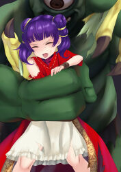 Rule 34 | 1girl, absurdres, bare shoulders, black background, blunt bangs, bracelet, capelet, closed eyes, coat, cowboy shot, cyclops, dragon girl, dragon wings, dress, fire emblem, fire emblem: the sacred stones, frilled dress, frills, gold trim, grabbing, grabbing from behind, green wings, hair tie, highres, holding hands, imminent rape, jewelry, long hair, monster, multi-tied hair, myrrh (fire emblem), nintendo, one-eyed, open clothes, open coat, open mouth, pale skin, purple hair, red capelet, red coat, red eyes, restrained, ryona, short dress, size difference, skirt, solo focus, sweatdrop, tonton karaton, torn clothes, torn coat, torn dress, torn skirt, torn wings, twintails, white dress, wince, wings, wristband, yellow wings