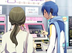 Rule 34 | 1boy, 1girl, atm, blue hair, blue scarf, brown hair, coat, commentary, headset, index finger raised, kaito (vocaloid), map, master (vocaloid), medium hair, nail polish, nokuhashi, pink nails, ponytail, poster (medium), poster (object), scarf, standing, upper body, vocaloid, white coat