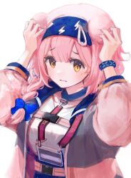 Rule 34 | 1girl, animal ears, arknights, arms up, black skirt, blue bow, blue hairband, bow, braid, breasts, cat ears, closed mouth, commentary, goldenglow (arknights), hair between eyes, hair bow, hair over shoulder, hairband, hand on own ear, highres, jacket, lightning bolt print, long sleeves, looking at viewer, medium breasts, nnicoinu, open clothes, open jacket, orange eyes, pink jacket, print hairband, puffy long sleeves, puffy sleeves, shirt, simple background, single braid, skirt, solo, upper body, white background, white shirt