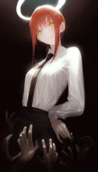 Rule 34 | black pants, blue necktie, chain, chainsaw man, collared shirt, dark room, glowing, halo, hand on own hip, highres, long hair, looking at viewer, makima (chainsaw man), necktie, pants, red hair, shirt, standing, sul ( 20sub), uniform, white shirt, yellow eyes