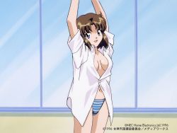Rule 34 | 1990s (style), 1996, 1girl, arms up, blue eyes, breasts, brown hair, cleavage, copyright name, copyright notice, cowboy shot, dated, lilith (megami paradise), looking at viewer, medium breasts, megami paradise, navel, nec corporation, nec home electronics, no bra, official art, open mouth, panties, partially unbuttoned, retro artstyle, short hair, smile, solo, standing, striped clothes, striped panties, underwear