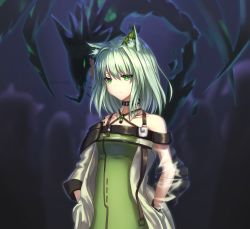 Rule 34 | 1girl, animal ear fluff, animal ears, arknights, artist name, bare shoulders, black choker, breasts, cat ears, chagara, choker, closed mouth, collarbone, commentary request, dress, green dress, green eyes, halterneck, hands in pockets, highres, jacket, kal&#039;tsit (arknights), long sleeves, looking at viewer, material growth, medium breasts, medium hair, mon3tr (arknights), oripathy lesion (arknights), see-through, see-through silhouette, see-through sleeves, short hair, silver hair, solo, standing, tagme, upper body, white jacket
