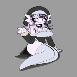Rule 34 | 1girl, alternate costume, black hair, breasts, creatures (company), curvy, detached sleeves, earrings, full body, furrification, furry, game freak, gardevoir, gen 3 pokemon, grey background, highres, hololive, hololive english, jewelry, kneeling, large breasts, multicolored hair, nintendo, nun, peagade, pink hair, pokemon, shiori novella, smile, thick thighs, thighhighs, thighs, transformation, two-tone hair, veil, virtual youtuber, white thighhighs, wide hips, yellow eyes