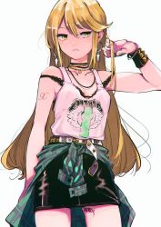 Rule 34 | 1girl, alternate costume, band shirt, bare shoulders, belt, black nails, blonde hair, boots, bracelet, breasts, clothes around waist, earrings, gem, jacket, jewelry, long hair, looking at viewer, medium breasts, merchandise, metallica, mythra (xenoblade), nail polish, nintendo, plaid, plaid skirt, punk, shiomi (lowrise), shirt, shirt around waist, simple background, skirt, solo, spikes, standing, swept bangs, xenoblade chronicles (series), xenoblade chronicles 2, yellow eyes