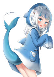 Rule 34 | 1girl, absurdres, animal costume, animal hood, ass, blue eyes, blue hair, blue hoodie, blunt bangs, blush, cowboy shot, fins, fish tail, gawr gura, hair ornament, highres, hololive, hololive english, hood, hoodie, long sleeves, looking at viewer, medium hair, multicolored hair, nedia (nedia region), open mouth, shark costume, shark girl, shark hair ornament, shark hood, shark print, shark tail, sharp teeth, silver hair, simple background, sleeves past wrists, smile, solo, streaked hair, tail, teeth, two side up, virtual youtuber, white background, wide sleeves
