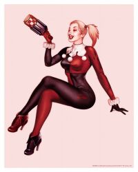 1girl arm_support asymmetrical_footwear asymmetrical_gloves batman:_the_animated_series batman_(series) black_bodysuit black_footwear black_gloves blonde_hair bodysuit border closed_eyes copyright_notice crossed_legs dc_comics full_body gloves gun handgun harley_quinn harley_quinn_(classic) high_heels holding holding_gun holding_weapon huge_weapon john_keaveney mismatched_footwear mismatched_gloves no_mask open_mouth red_bodysuit red_footwear red_gloves simple_background sitting tongue twintails weapon white_border