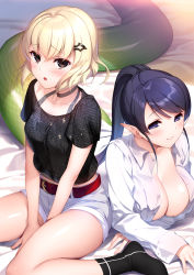 Rule 34 | 2girls, belt, belt buckle, black shirt, blonde hair, blue eyes, blue hair, blush, breasts, brown eyes, buckle, buttons, cleavage, closed mouth, collarbone, commentary request, lamia, large breasts, long hair, long sleeves, lying, monster girl, multiple girls, no bra, official art, on stomach, open mouth, pointy ears, ponytail, scales, shakaijin ga kizuku ajin harem, shirt, short hair, short sleeves, shorts, sitting, slit pupils, small breasts, smile, socks, tail, tsuyuta kome, wariza