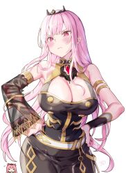 Rule 34 | 1girl, animal ears, blunt bangs, blush, breasts, cleavage, closed mouth, hands on own hips, highres, hololive, hololive english, jewelry, kamiya maneki, large breasts, long hair, looking at viewer, mori calliope, mori calliope (1st costume), pink eyes, pink hair, simple background, solo, tiara, virtual youtuber, white background