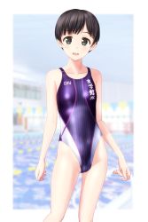 Rule 34 | 1girl, absurdres, black eyes, black hair, breasts, clothes writing, competition swimsuit, contrapposto, cowboy shot, highres, indoors, lane line, looking at viewer, multicolored clothes, multicolored swimsuit, one-piece swimsuit, original, pool, purple one-piece swimsuit, short hair, small breasts, smile, solo, standing, string of flags, swimsuit, takafumi, translation request