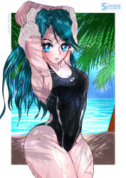 Rule 34 | 1girl, aqua eyes, aqua hair, armpits, arms up, beach, black one-piece swimsuit, border, breasts, competition swimsuit, cowboy shot, go! princess precure, highres, kaidou minami, lips, looking at viewer, one-piece swimsuit, precure, presenting armpit, sand, small breasts, solo, swimsuit, takaishi fuu, tree, undressing, water, white border