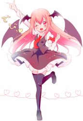 Rule 34 | 1girl, arm up, bat wings, black thighhighs, fang, full body, head wings, heart, koakuma, long hair, long sleeves, looking at viewer, necktie, one eye closed, open mouth, piano (mymel0v), pointing, red eyes, red hair, red necktie, shoes, simple background, skirt, skirt set, smile, solo, standing, standing on one leg, text focus, thighhighs, touhou, upskirt, vest, white background, wings, zettai ryouiki