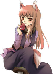 Rule 34 | 00s, 1girl, animal ears, apple, food, fruit, holding, holding food, holding fruit, holo, oujima tamaki, solo, spice and wolf, tail, wolf ears, wolf tail