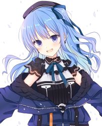 Rule 34 | 1girl, ayamisiro, belt, beret, black choker, black hat, blue coat, blue eyes, blue hair, blue ribbon, choker, coat, hat, head tilt, highres, hololive, hoshimachi suisei, hoshimachi suisei (streetwear), lace, lace-trimmed sleeves, lace choker, lace trim, long hair, looking at viewer, off-shoulder coat, off shoulder, open clothes, open coat, open mouth, ribbon, side ponytail, simple background, smile, solo, upper body, virtual youtuber, wavy hair, white background, winter clothes, winter coat