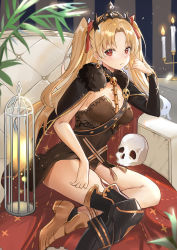 Rule 34 | 1girl, birdcage, black cape, black thighhighs, blonde hair, blurry, blurry foreground, bow, breasts, brown footwear, brown leotard, burning, cage, candle, candlestand, cape, closed mouth, commentary request, couch, depth of field, earrings, ereshkigal (fate), fate/grand order, fate (series), fire, forehead, fur-trimmed cape, fur trim, glowing, hair bow, hand up, highres, infinity symbol, jewelry, leotard, long hair, long sleeves, looking at viewer, medium breasts, multicolored cape, multicolored clothes, on couch, parted bangs, red bow, red cape, red eyes, rero (bigdoorbig2), shoes, single sleeve, single thighhigh, skull, solo, spine, strapless, strapless leotard, thighhighs, tiara, two side up, very long hair