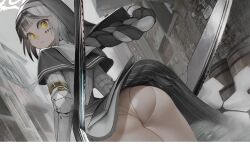 Rule 34 | 1girl, absurdres, ass, black capelet, black hair, borrowed character, braid, braided ponytail, capelet, closed mouth, coif, commission, doll joints, facial mark, grey hair, habit, halo, highres, joints, looking at viewer, looking back, multicolored hair, nun, nyatabe, original, skeb commission, solo, stole, two-tone hair, veil, violet (ac8231), weapon, wind, wind lift, yellow eyes