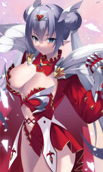 Rule 34 | 1girl, absurdres, blue eyes, blurry, blurry background, blush, breasts, britomart (fate), britomart (third ascension) (fate), center opening, cleavage, closed mouth, cowboy shot, double bun, dress, fate/grand order, fate (series), frilled dress, frills, gauntlets, grey hair, hair bun, hair ornament, hairband, highleg, highleg leotard, highres, kurozawa yui, large breasts, leotard, long hair, long sleeves, looking at viewer, navel, pointy ears, puffy long sleeves, puffy sleeves, red leotard, red sleeves, shadow, signature, smile, solo, thighs, twintails, very long hair