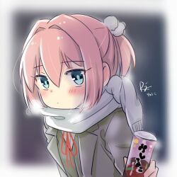 Rule 34 | 1girl, adapted costume, alternate costume, blazer, blue eyes, can, canned coffee, drink can, grey jacket, grey vest, jacket, kantai collection, neck ribbon, pink hair, pom pom (clothes), ponytail, r-king, ribbon, scarf, school uniform, shiranui (kancolle), short hair, solo, upper body, vest, white scarf