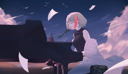 Rule 34 | 1girl, absurdres, bird, black shirt, blue sky, breasts, closed eyes, cloud, commentary, feet out of frame, grand piano, grey pants, grey shirt, highres, instrument, light brown hair, medium bangs, medium breasts, microphone, midriff, multicolored hair, music, nanashi inc., official alternate costume, open mouth, orange hair, pants, papers, piano, playing instrument, sechipuu, second-party source, shirt, shirt partially removed, short hair, singing, sky, sleeveless, sleeveless shirt, solo, touri sei, touri sei (2nd costume), turtleneck, two-tone hair, virtual youtuber