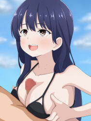 Rule 34 | 1boy, 1girl, bikini, black bikini, blue hair, blue sky, blush, boku no kokoro no yabai yatsu, breasts, brown eyes, censored, cloud, collarbone, day, dot nose, eyebrows, eyelashes, from side, grabbing own breast, hetero, large breasts, long hair, looking at another, looking up, mobmob, mole, mole on neck, mosaic censoring, open mouth, outdoors, paizuri, penis, sky, smile, solo focus, swimsuit, teeth, tongue, upper body, upper teeth only, yamada anna