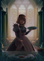Rule 34 | 1girl, absurdres, blood, bowl, brooch, brown hair, chair, checkered floor, clothes lift, dress, dress lift, fangs, film grain, food, fork, frills, fruit, gem, highres, holding, holding plate, huge filesize, indoors, jewelry, knife, lifted by self, light particles, maid, maid headdress, mysoda, original, parted lips, pillar, plate, puffy sleeves, red eyes, short hair, smile, solo, spoon, vampire, window