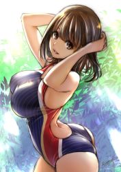 Rule 34 | 1girl, arms up, blue one-piece swimsuit, breasts, brown eyes, brown hair, commentary request, competition swimsuit, cowboy shot, large breasts, looking at viewer, mitarashi kousei, nene (sengoku musou), one-piece swimsuit, original, sengoku musou, sengoku musou 2, short hair, signature, solo, striped clothes, striped one-piece swimsuit, swimsuit
