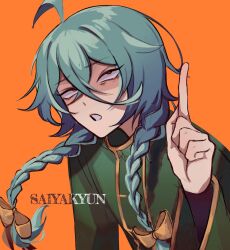 Rule 34 | 1boy, ahoge, aqua hair, artist name, ashe bradley, bags under eyes, bow, braid, commentary, english commentary, green jacket, hair bow, hand up, highres, index finger raised, jacket, long sleeves, looking up, male focus, orange background, saiyakyun, shaded face, simple background, small pupils, solo, teeth, twin braids, watermark, witch&#039;s heart, yellow bow, yellow eyes, yellow trim