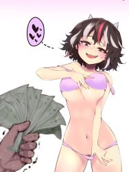 Rule 34 | 1girl, areola slip, black hair, bow, bra, bra lift, cone horns, cowboy shot, evil grin, evil smile, female pubic hair, frills, gluteal fold, gomeifuku, gradient background, grey horns, grin, heart, highres, holding, holding money, horns, kijin seija, money, multicolored hair, navel, no pants, no shirt, open mouth, panties, panty pull, pink bow, pink bra, pink panties, pubic hair, pulled by self, red hair, sharp teeth, simple background, smile, solo focus, spoken heart, streaked hair, sweat, teeth, touhou, trembling, underwear, underwear only, white hair