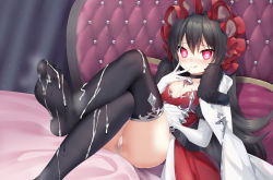 Rule 34 | 1girl, bad id, bad pixiv id, black choker, black hair, black thighhighs, bonnet, breasts, choker, cleavage, crossed legs, cum, cum on body, cum on clothes, cum on feet, dress, elbow gloves, feet, gloves, heart, heart-shaped pupils, highres, ilya (princess connect!), ilya (small) (princess connect!), licking lips, long hair, looking at viewer, mvv, panties, princess connect!, pussy juice, red eyes, small breasts, smile, soles, solo, split mouth, symbol-shaped pupils, thighhighs, toes, tongue, tongue out, underwear, white panties