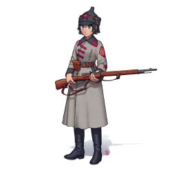 Rule 34 | 1girl, absurdres, ammunition pouch, belt, black footwear, black hair, bolt action, boots, brown hair, budenovka, coat, greatcoat, grey coat, gun, gun sling, hammer and sickle, highres, holding, holding gun, holding weapon, military, military uniform, mosin-nagant, original, ostwindprojekt, pouch, red star, rifle, shadow, signature, simple background, soviet, soviet army, star (symbol), swastika, uniform, weapon