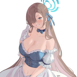 Rule 34 | 1girl, alternate costume, artist name, asuna (blue archive), bare shoulders, blue archive, blue eyes, blush, breasts, brown hair, bustier, choker, cleavage, collar, commentary, detached sleeves, english commentary, fikkyun, hair over one eye, halo, hand up, highres, large breasts, lips, long hair, looking at viewer, mole, mole on breast, navel, open mouth, simple background, smile, solo, teeth, upper body, white background
