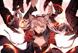 Rule 34 | 1girl, animal ears, arms up, braid, braided bangs, breasts, brown eyes, erune, fire, fraux, granblue fantasy, grey hair, highres, long coat, magic circle, pollity, small breasts, smile, the devil (granblue fantasy), twintails