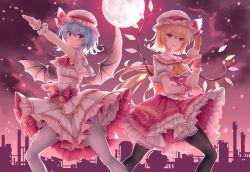 Rule 34 | 2girls, arms up, ascot, bat wings, black legwear, blonde hair, blue hair, capelet, clenched hands, cloud, commentary, dress, embellished costume, embers, feet out of frame, flandre scarlet, frilled neckwear, frilled skirt, frills, full moon, hair between eyes, hat, hat ribbon, henshin pose, kamen rider, kamen rider (1st series), layered dress, looking at viewer, mechrailgun, mob cap, moon, multiple girls, night, open mouth, outdoors, pantyhose, parody, pink dress, pink headwear, puffy short sleeves, puffy sleeves, red ascot, red eyes, red skirt, red sky, refinery, remilia scarlet, ribbon, sash, short hair, short sleeves, siblings, side ponytail, sisters, skirt, sky, smile, standing, touhou, underbust, white headwear, white legwear, wings, wrist cuffs, yellow ascot