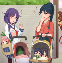 Rule 34 | +++, 10s, 6+girls, :d, ^ ^, adapted object, aged down, akagi (kancolle), baby, baby carrier, bag, bitter melon, black hair, brown hair, carrot, closed eyes, darkmaya, eating hair, flight deck, flying sweatdrops, groceries, hair ornament, high ponytail, houshou (kancolle), i-58 (kancolle), japanese clothes, jealous, jewelry, kaga (kancolle), kantai collection, long hair, long sleeves, motherly, multiple girls, name connection, object namesake, open mouth, pantyhose, peeking out, ponytail, purple hair, red hair, ring, short hair, side ponytail, smile, spring onion, stalking, stroller, taigei (kancolle), toy airplane, under covers, wedding band, wide sleeves, yamato (kancolle), you&#039;re doing it wrong