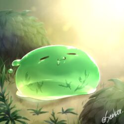 Rule 34 | :3, bush, closed eyes, commentary request, full body, grass, lowres, no humans, poporing, ragnarok online, rouko605, slime (creature), solo