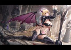 Rule 34 | 1girl, bdsm, black thighhighs, blonde hair, bondage, bound, bound wrists, breasts, church, cleavage, clothing cutout, demon, demon girl, demon horns, demon tail, demon wings, horns, large breasts, letterboxed, lips, long hair, looking at viewer, navel cutout, nun, original, parted lips, pubic tattoo, red eyes, restrained, revealing clothes, tail, tattoo, thighhighs, thighs, tsuki no i-min, underboob, very long hair, virtual youtuber, wings