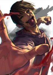 Rule 34 | 1boy, absurdres, black eyes, black hair, blood, blurry, depth of field, fighting stance, fushiguro touji, highres, jujutsu kaisen, looking at viewer, male focus, open mouth, short hair, smile, solo, sweater, teeth, tongue, tongue out, upper body, user tvty3452, v-shaped eyebrows, white background