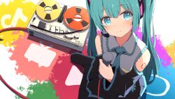 Rule 34 | 1girl, bare shoulders, black skirt, black sleeves, blue eyes, blue hair, blush, breast pocket, character name, closed mouth, collared shirt, colorful, commentary request, detached sleeves, dot nose, frilled shirt, frills, full body, grey shirt, hatsune miku, head tilt, headset, highres, holding, holding microphone, long hair, microphone, niconico logo, number tattoo, pixiv logo, pleated skirt, pocket, remini (scenceremini), shirt, shoes, sitting, skirt, sleeveless, sleeveless shirt, smile, solo, tattoo, tiktok logo, twintails, vocaloid, wariza, youtube logo