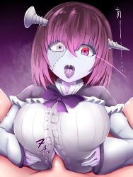 Rule 34 | 1boy, 1girl, bow, bowtie, breasts, clothed female nude male, colored tongue, erection, face, faceless, faceless male, frilled shirt, frilled shirt collar, frills, grey eyes, hetero, heterochromia, highres, large breasts, mon-musu quest!, monster fruit, nude, object through head, open mouth, paizuri, paizuri under clothes, penis, pink hair, purple tongue, raichi (ddq0246), red eyes, saliva, screw, screw in head, shirt, stitched face, stitches, tongue, tongue out, undead, zombie, zombie girl