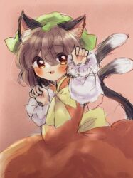 Rule 34 | 1girl, animal ears, blush, bow, brown hair, chen, clenched hand, drawing, dress, green hat, hat, highres, long sleeves, looking at viewer, medium hair, ol07469724, open mouth, red dress, sketch, solo, tail, touhou, twintails, yellow bow