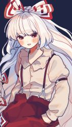 Rule 34 | 1girl, blue background, blush, bow, buttons, closed mouth, collar, collared shirt, eyes visible through hair, fujiwara no mokou, garan co, hair between eyes, hair bow, hands in pockets, highres, long hair, long sleeves, looking at viewer, multicolored bow, ofuda, ofuda on clothes, pants, puffy sleeves, red bow, red eyes, red pants, shirt, simple background, solo, standing, teeth, touhou, white bow, white hair, white shirt, white sleeves