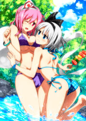 Rule 34 | 2girls, :|, ;d, ;|, ass, back, between breasts, bikini, blue eyes, blue sky, blush, bracelet, breast pillow, breasts squeezed together, breasts, cameltoe, closed mouth, cloud, colored eyelashes, day, falling, food, hair ribbon, hairband, head between breasts, head on chest, height difference, jewelry, kebab, konpaku youmu, konpaku youmu (ghost), large breasts, long hair, micro bikini, multiple girls, one eye closed, open mouth, outdoors, pink eyes, pink hair, ribbon, saigyouji yuyuko, sazanami mio, short hair, sky, small breasts, smile, swimsuit, touhou, tree, trefoil, triangular headpiece, wading, water, white hair, yuri