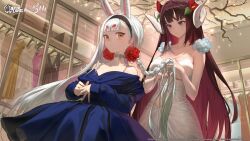Rule 34 | 2girls, animal ears, azur lane, bare shoulders, bare tree, black hairband, blue dress, blunt bangs, blush, braid, braiding hair, breasts, brown hair, choker, cleavage, closed mouth, clothing cutout, collarbone, colored inner hair, copyright name, copyright notice, curled horns, dress, extra ears, flower, hair flower, hair ornament, hairband, hairdressing, holding, holding another&#039;s hair, holding hair, horns, indoors, jewelry, large breasts, long hair, long sleeves, multicolored hair, multiple girls, off-shoulder dress, off shoulder, official art, own hands together, purple eyes, rabbit ears, rabbit girl, red flower, red hair, salmon88, second-party source, shimakaze (azur lane), sitting, sleeveless, smile, spaghetti strap, sparkle, standing, suruga (azur lane), tree, very long hair, white dress, white hair, yellow eyes