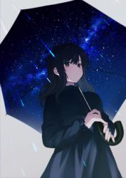 Rule 34 | 1girl, achiki, black dress, black eyes, black hair, breasts, closed mouth, commentary request, dress, from below, grey background, holding, holding umbrella, long hair, looking at viewer, looking down, original, rain, simple background, sky, small breasts, solo, standing, star (sky), starry sky, umbrella
