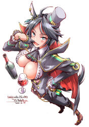 Rule 34 | 1girl, ahoge, alternate costume, animal ears, ascot, black ascot, black hair, boots, bottle, breasts, brown footwear, cape, center frills, collared cape, collared shirt, cup, dated, drink, drinking glass, ear ornament, earclip, fang, finger in own mouth, fisheye, floating, floating object, frilled sleeves, frills, from above, fuji kiseki (umamusume), full body, gloves, green eyes, half gloves, hand on own hip, hat, high collar, highres, horse ears, horse girl, horse tail, jacket, large breasts, legs apart, long sleeves, mini hat, mini top hat, mouth pull, multicolored hair, open mouth, pants, shirt, short hair, simple background, skindentation, smile, solo, standing, streaked hair, tail, tilted headwear, top hat, two-tone hair, umamusume, white background, white hair, white shirt, wine bottle, wine glass, wing collar, yazawa mana