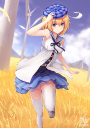 Rule 34 | 1girl, arm up, armpits, artist name, bare arms, beret, blonde hair, blue eyes, blue ribbon, blue sailor collar, blue skirt, blue sky, bob cut, borrowed character, brown footwear, cloud, corn field, cross-laced clothes, day, field, hair between eyes, hananon, hand on headwear, hat, hill, jewelry, layered skirt, loafers, looking at viewer, necklace, original, outdoors, pendant, plaid headwear, ribbon, sailor collar, shirt, shoes, short hair, skirt, sky, sleeveless, sleeveless shirt, smile, solo, thighhighs, walking, wheat, white shirt, white thighhighs, wind, wind turbine, windmill, zettai ryouiki