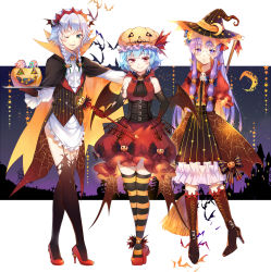 Rule 34 | 3girls, ;d, bat wings, black legwear, bloomers, blue hair, braid, broom, candy, cape, coattails, corset, crescent, ekita kuro, elbow gloves, food, glasses, gloves, green eyes, halloween, halloween costume, hat, high heels, highres, izayoi sakuya, jack-o&#039;-lantern, long hair, looking at viewer, multiple girls, one eye closed, open mouth, patchouli knowledge, pumpkin, pumpkin hat, purple eyes, purple hair, red eyes, red gloves, red skirt, remilia scarlet, scepter, short hair, skirt, smile, standing, striped clothes, striped legwear, striped thighhighs, thighhighs, torn clothes, torn legwear, touhou, twin braids, underwear, wings, witch hat