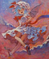 Rule 34 | 1girl, :d, absurdres, acrylic paint (medium), ama-tou, bat wings, blue hair, bobby socks, fang, female focus, flying, hat, highres, looking back, open mouth, painting (medium), red eyes, remilia scarlet, short hair, smile, socks, solo, touhou, traditional media, wings